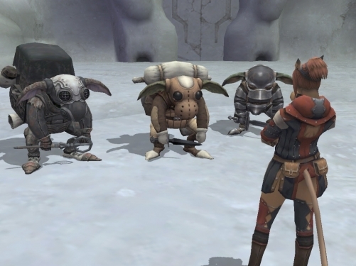 A Mithra interacts with Goblins in Final Fantasy XI.