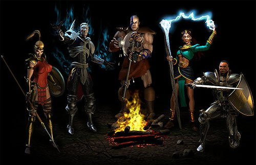 The five available character classes in Diablo II: Amazon, Necromancer, Barbarian, Sorceress and Paladin