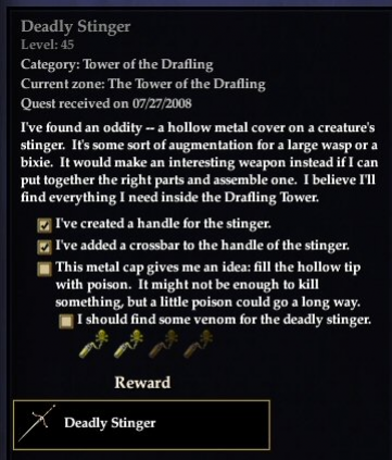 Deadly Stinger -- quest journal entry